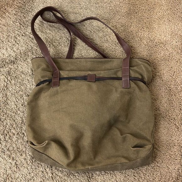 Olive Canvas Tote Bag Vegan Brown Leather Straps and Trim Minimalist Casual - Picture 2 of 7